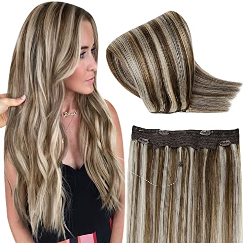 Hetto One Piece Hair Extensions Human Hair #4 Dark Brown Highlight #60 Platinum Blonde Wire Hair Extensions Human Hair Secret 12 Inch 70g Invisible Brown Fish Line Hairpiece