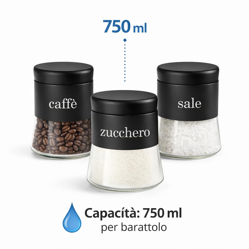 Set 3 Barattoli in Vetro 750 ml per Sale, Zucchero e Caffè – Contenitori con Coperchio – Eleganti, Resistenti, Ideali per la Cucina, Vari Colori (NERO)