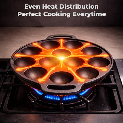 Image of Cast Iron Appam Pan (7 /9 /12 Cavity) | Paniyaram Pan, Appe Pan, Kuzhi Paniyaram Maker | Heavy Duty, Even Heating, Gas & Induction Compatible (12 Cavity (Large))