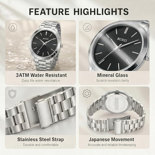 Image of BUREI Men's Wrist Watch, Analog Stainless Steel Dress Waterproof Quartz Watch for Men with Japanese Movement,Refined Gifts for Men, Boyfriend, Husband, Dad