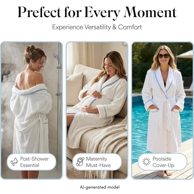 Image of Jillien Harbor Womens Cotton Bathrobe - Towel Robe for Women in Soft Terry Cloth, Highly Absorbent Cotton Robes for Women with Refined Blue Piping, Cuffed Sleeves Medium to Large Fit - One Size, White