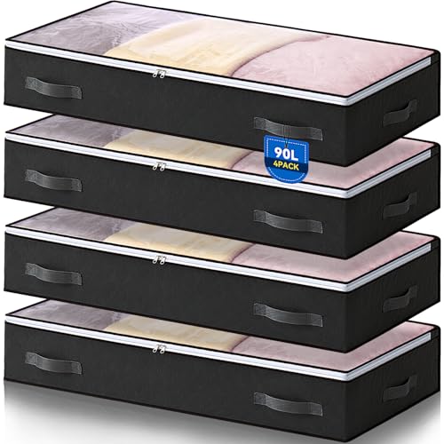 AIOR 4 Pezzi 90L Contenitori Sottoletto Organizzatore letto, Salvaspazio Contenitore Sottoletto Pieghevole con Finestra Trasparente, Organizer per Piumoni, Lenzuola, Vestiti, 100x50x18cm (Nero)