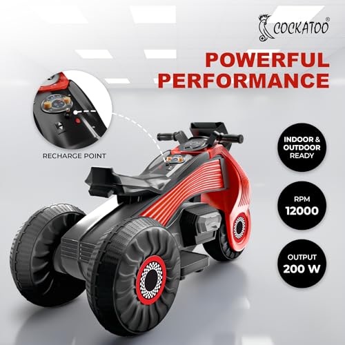 Image of Cockatoo 15E Cruise Rechargable Electric Bike for Kids with Music and LED Light, Kids Scooter Bike for 3+Yrs Boys&Girls Powered by 6V & 4.5 AH Battery for 4.5Hr-6Hr Ride with Foot Accelerator