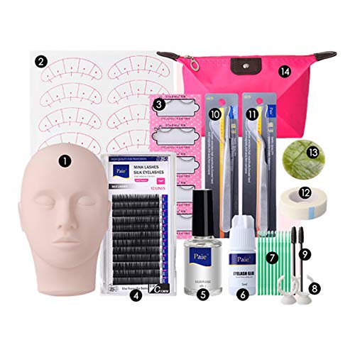 Eyelash Extension Training Kits, Mannequin Head Eyelashes Extensions Practice Cosmetology Esthetician Supplies with Eye Lashes Glue Tweezers Tools sets for Makeup Eye Lashes Practice 14pcs