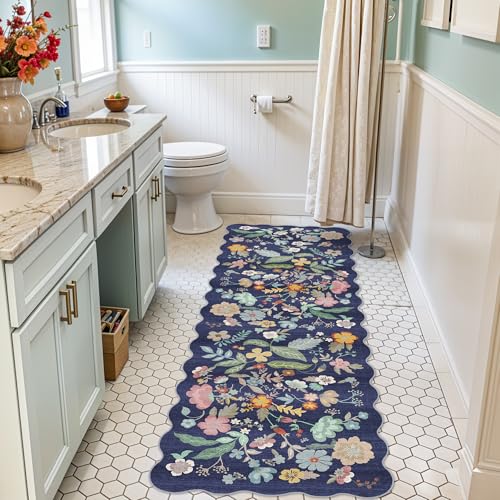 2x6 Hallway Floral Rug Runner: Washable Non Slip Low Pile Area Rug for Kitchen Front Door Soft Water Resistant Carpet for Bathroom Light Weight Durable Floor Mat for Bedroom Nursery(2x6/Blue/Purple)