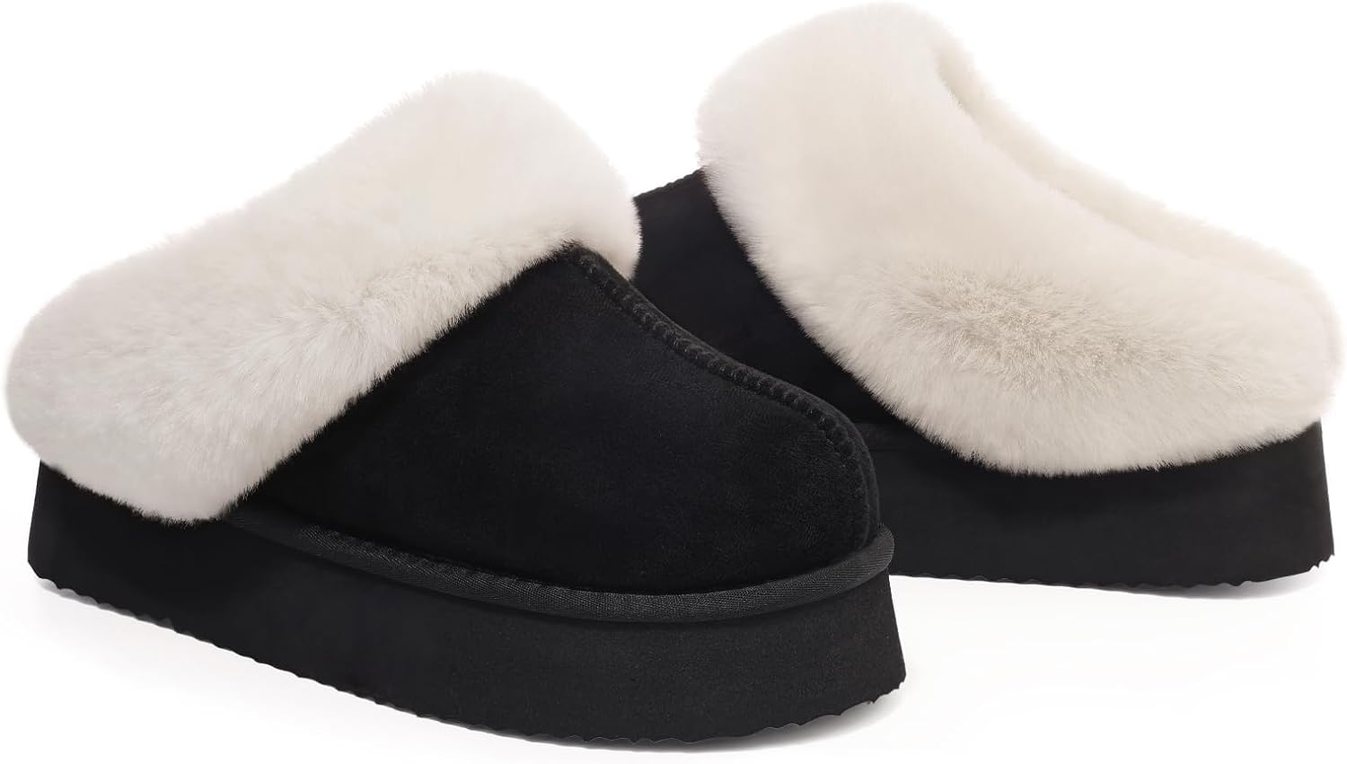 Litfun Fuzzy Platform Slippers for Women Comfy Winter House Shoes with Memory Foam, Black 42-43 (size 8.5-9)