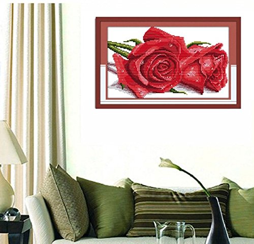 Eiialerm Kreuzstich-Set „Rote Rose“: Vorgedruckt 11CT, 40x50 Cm, DIY-Stickpackung Für Anfänger & Dekoration