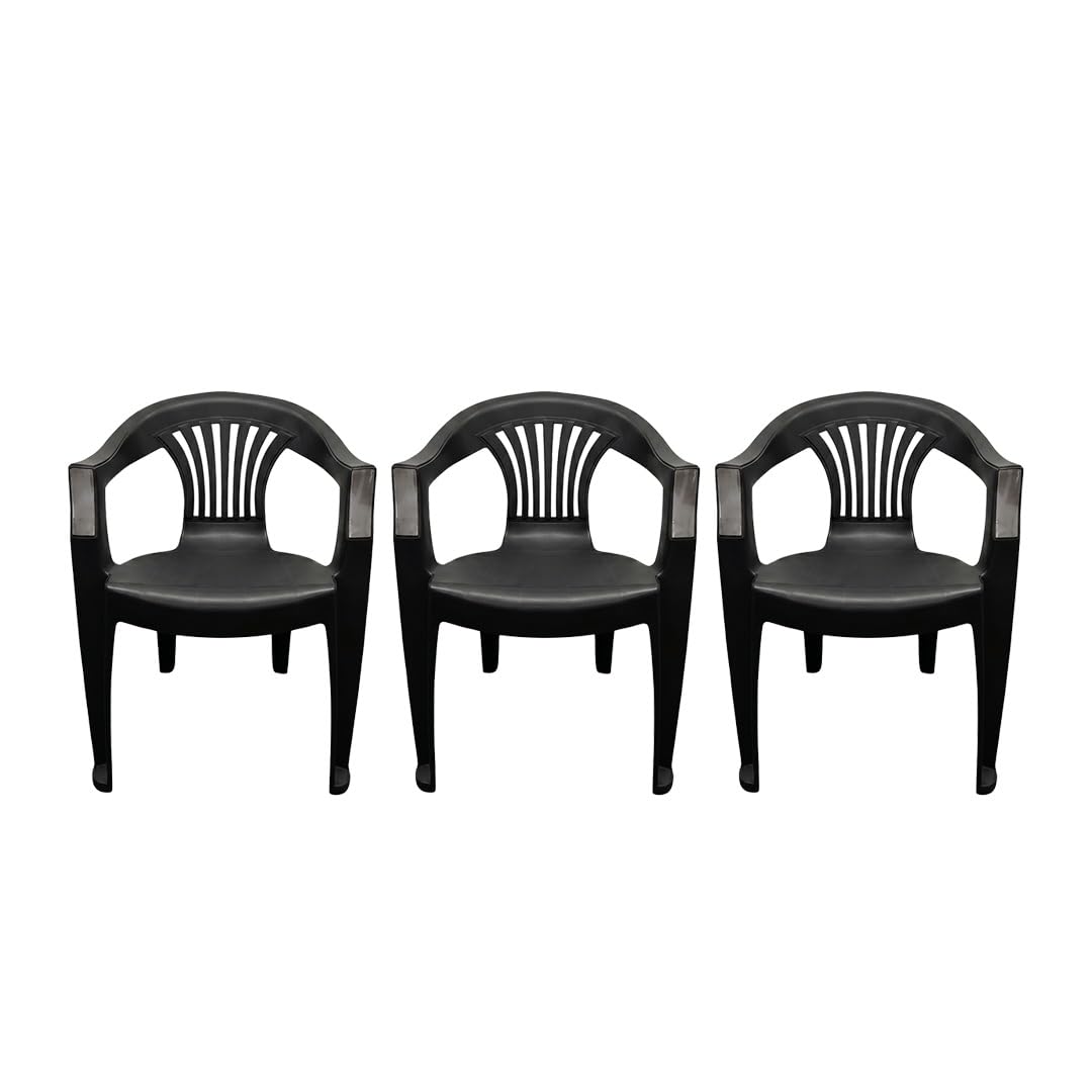 ORGANIZED Low Back Plastic Garden Chair, Lightweight, Weather Resistant, for Indoor and Outdoor Patio, Balcony, Lawn, Terrace, Kitchen and Dining Room (3, Black)
