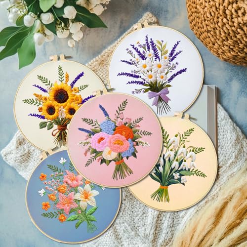 Image of ACRNIGHEET 5PCS Embroidery Kit for Beginners Embroidery Flower Sewing Pre Printed Pattern Embroidery Starter Kit with Instructions, Including 5 Stamped Embroidery Cloth and Various Accessories