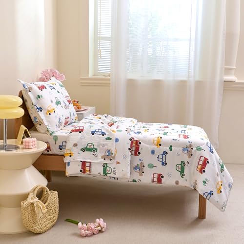 Image of Caressma White Cars 4 Pieces Toddler Bedding Set Bed-in-a-Bag Comforter