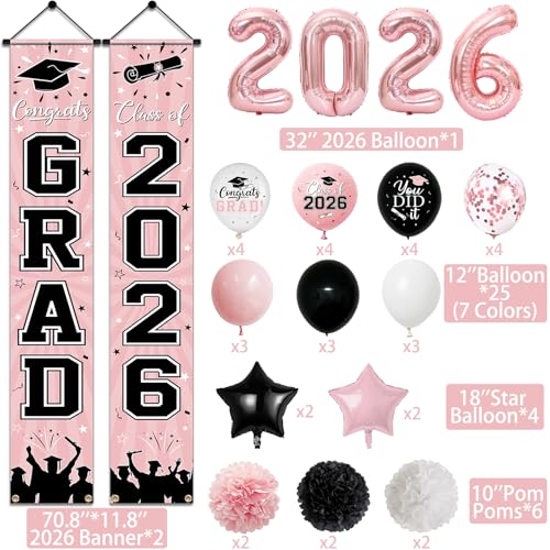 Image of 2026 Graduation Decorations, Pink Themed Class of 2026 Decorations Set, Congrats Grad Backdrop, Photo Banner, Door Banner, Balloons and Pom Poms Supplies for High School College Graduation Party