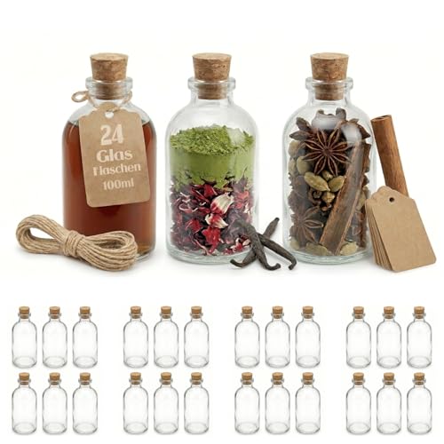 casavetro 24 Fiole en Verre 100ml, Petite Bouteille en Verre 100 ml - Mini Bouteille Verre Flacon Mignonette Alcool Vide Bouchon Liège Mariage Étiquette