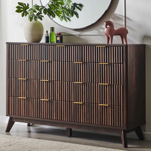 Image of T4TREAM Fluted 9 Drawers Dresser, 54 inch Wide Modern Chest of Drawers, Curved Profile Design, Dresser TV Stand, Wood Drawer Organizer for Bedroom, Living Room, Hallway, Dark Walnut