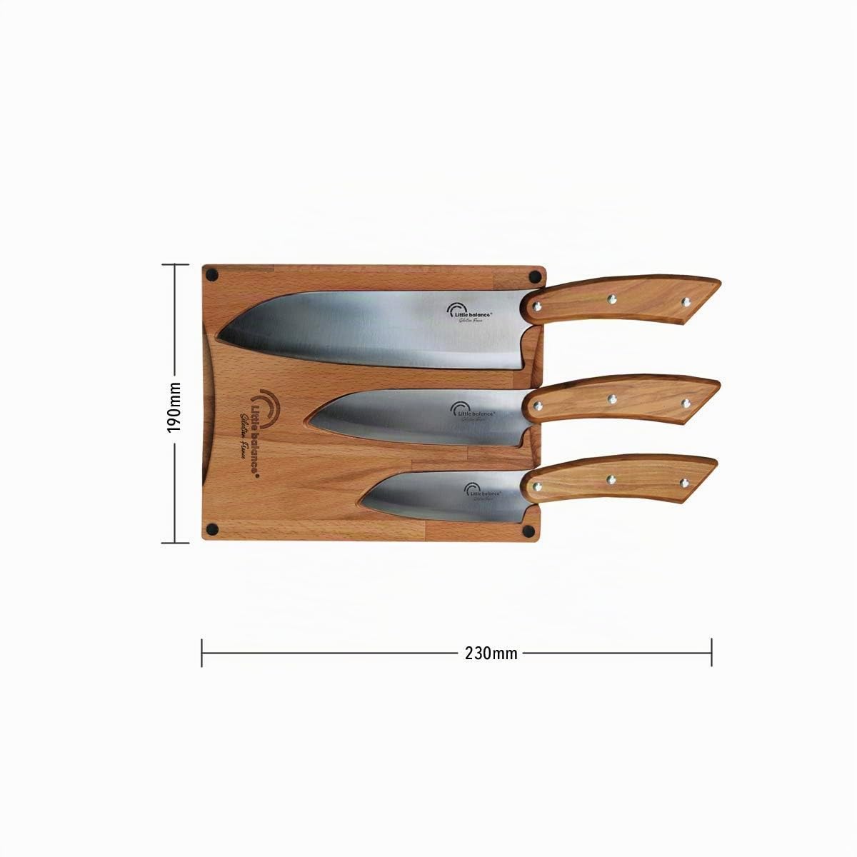 Little balance 8424 - Planche 3 couteaux Santoku - Fabrication 100% française - Set 3 couteaux Santoku, Lame Inox Esprit de Thiers - Manche Bois d'Olivier - Planche à découper