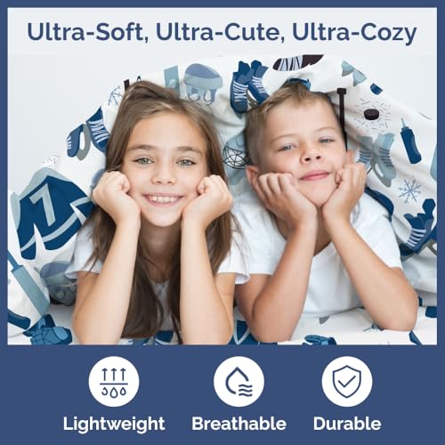 Image of Kids Full Size Blue Ice Hockey Bed Sheets - 4 Piece Sport Sheet Set - Ice Hockey Player Print Bedding - Soft, Breathable & Machine Washable - Sports Game Bed Set for Boys, Girls, Teens and Toddlers