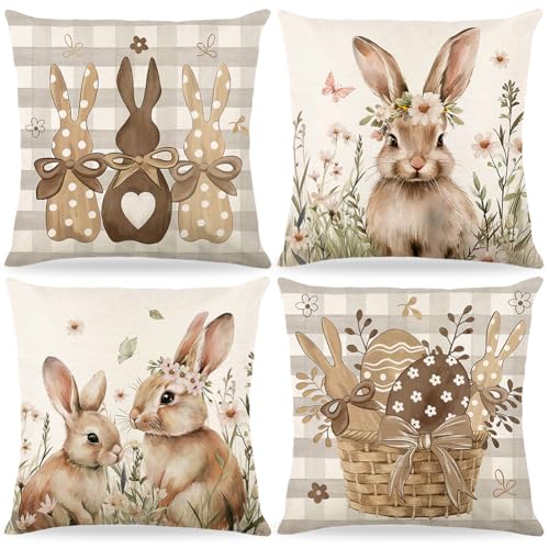 4 Pezzi Federe per Cuscini Pasquali 40x40cm,Federe per Cuscino Pasquale Coniglio,Federa per Cuscino in Lino,Pasqua Stampato Federa,Motivo Coniglietto Pasquale,Per Divano Decorazione Della Casa (B)
