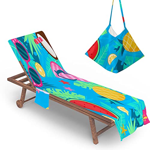 Highdi Sun Lounger Towels with Pockets, 3D Beach Sunbed Towels, Beach Chair Cover Towel, Chaise Lounge Towel Cover, Lounger Mate Beach Towel for Garden Pool (75x210cm,Tropical)