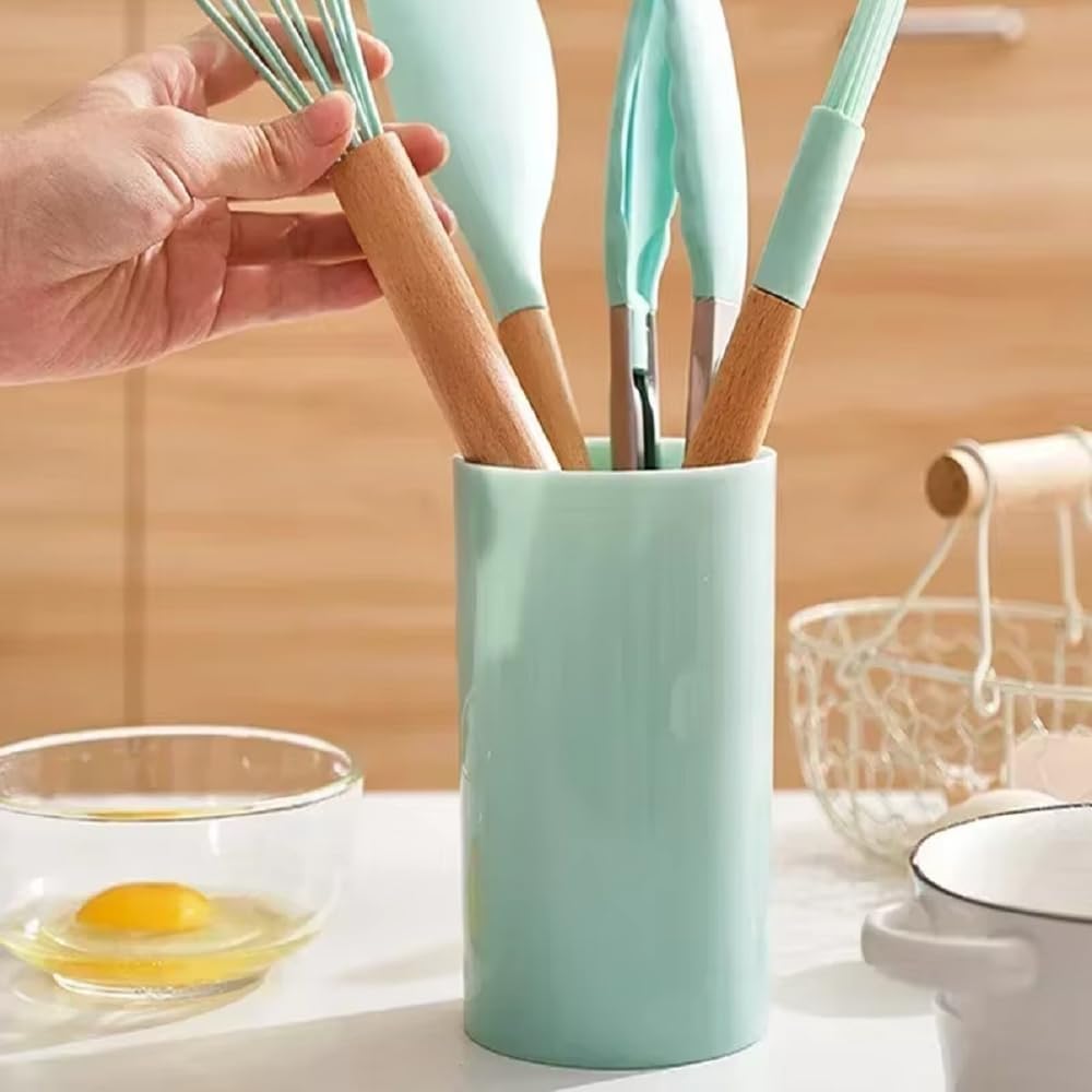 Silicone Cooking Utensils, 12pcs Silicone Cooking Utensils Kitchen Utensil Set, Heat Resistant Kitchen Cookware with Wooden Handle for Nonstick Cookware, Black