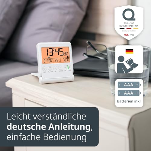 ADE Digitaler Reisewecker | Uhr mit Temperaturanzeige | Kleiner Wecker mit Licht | integrierter Klappspiegel im Deckel | einfache Bedienung | weiß