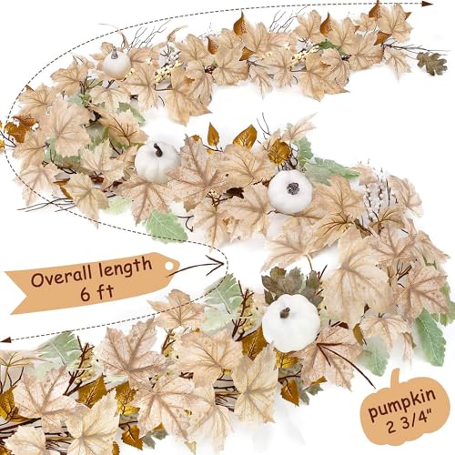 Guirnalda artificial de hojas de otoño con calabazas decorativas para casa de campo 7