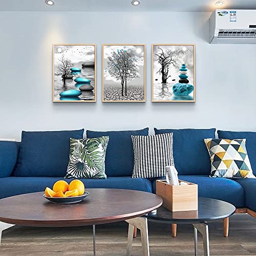 DZRWUBHS Framed Canvas Wall Art, 3pc 12x16in Natural Wood, Abstract Blue Prints, Ready to Hang, Bathroom, Bedroom, Kitchen, Living Room Decor