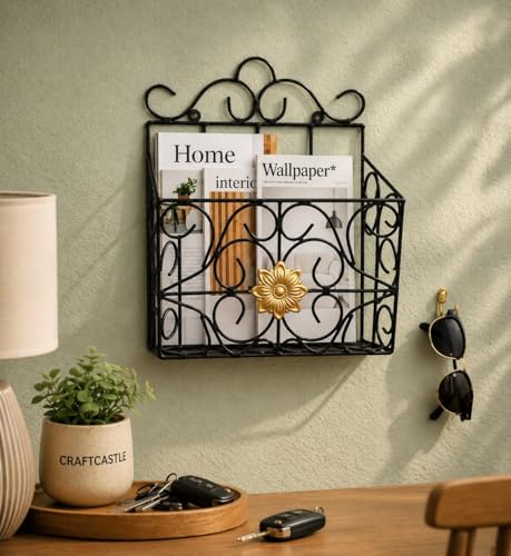 Image of Wall Mounted Hanging File & Magazine Holder - Metal Organizer for Newspapers, Documents & Office Storage | Decorative Rack for Home & Workspace 39x26x10 cm.