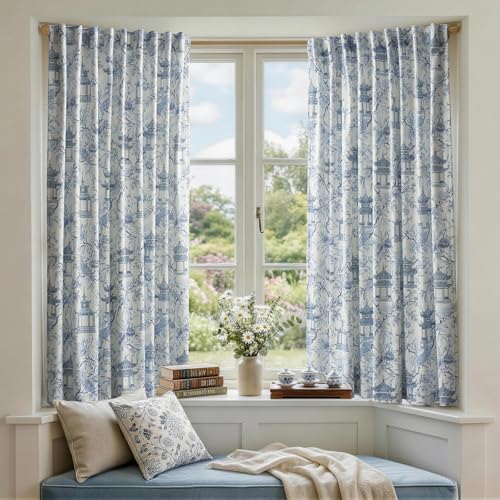 Blue White Patterned Velvet Curtains 63 inch for Living Room,2 Panels