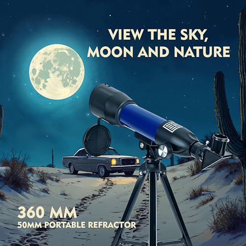 Image of Cezo 50MM Telescope 90X Zoom HD Focus Astronomical Telescope Refractor with Mobile Stand and Portable Tripod Stand High Power Telescope Gift for Kids, to Explore Moon, Planets, Stargazing