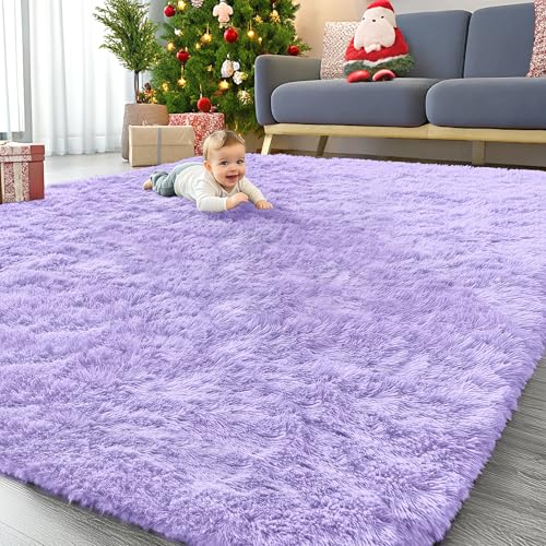 OLANLY 9x12 Machine Washable Large Area Rugs for Living Room, Bedroom, Soft Fluffy Shaggy Bedside Rug, Indoor Floor Carpet for Kids Girls and Boys, Dorms, Nursery, Home Decor Aesthetic, Light Purple