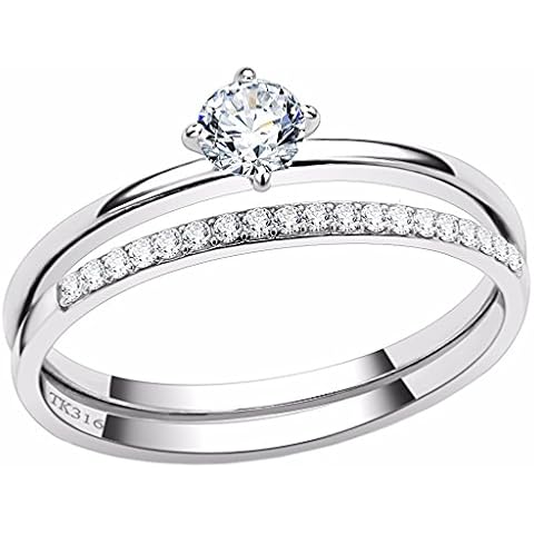 Lanyjewelry 4x4mm Round Clear CZ Stainless Steel Small Delicate Thin Band Ring Set - SIZE 5 Cover