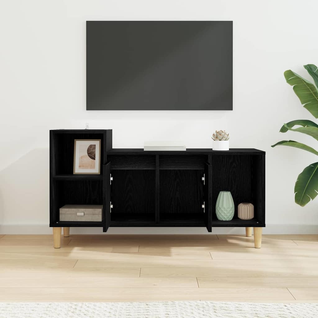 Szafka TV czarna o wyglądzie dębu, 100 x 35 x 55 cm, materiał drewnopochodny, uniwersalna podstawka pod telewizor, konsola multimedialna z drzwiami, meble do salonu