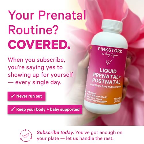 Pink Stork Liquid Prenatal Vitamins for Women - Berry Flavor Organic Food Blend - Fertility, Pregnancy, Postpartum Essentials - Morning Sickness Support - Breastfeeding & Lactation - 32 Servings