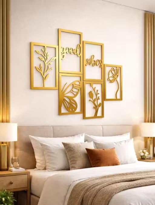 Image of Wooden Wall Decor Set of 6 with Gold Finish | Good Vibes Quote, Floral & Butterfly Design | Modern Living Room Wall Art
