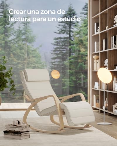 Miniatura 5 de Songmics Silla Mecedora Con Apoyabrazos De Madera De Abedul, Con Reposapiés Ajustable En 5 Posiciones, Capacidad De Carga Máxima 150 Kg, Dormitorio, Salón, Beige Lyy10m