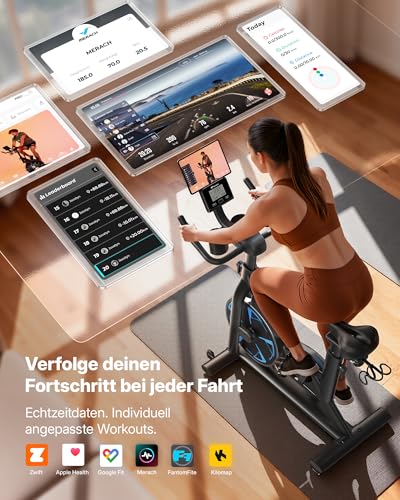 MERACH Heimtrainer Fahrrad mit Magnetischem Widerstand, Leises Hometrainer Fahrrad mit Verbesserter Stoßdämpfender Luftkissensattel, Eigener App, Stabiler H-Rahmen für besseren Halt, Bis 150KG