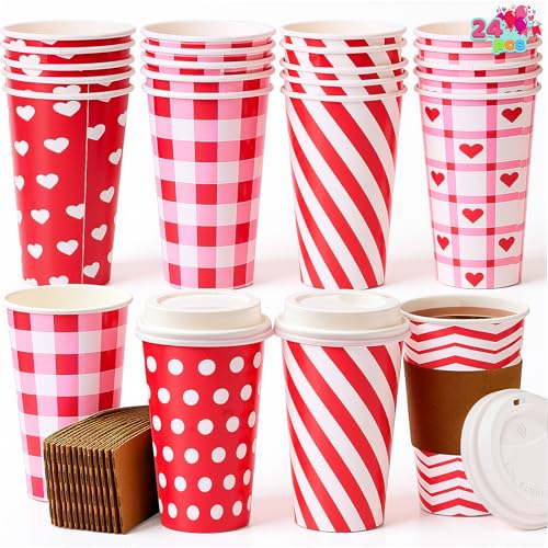 JOYIN 24 Pcs Valentine's Day Disposable Cups, Paper Cocoa Cups with Sleeve and Lid, Valentine Cup with Heart Design for CoffeeTea Beverage for Kids Party, Birthdays Party,Wedding Parties by JOYIN - Used condition - US$6.53