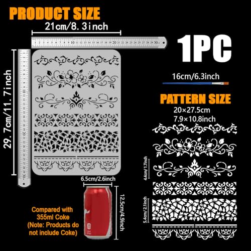 FINGERINSPIRE Estêncil de desenho de borda de plantas com um pincel de pintura 29,7 x 21 cm, 6 estil
