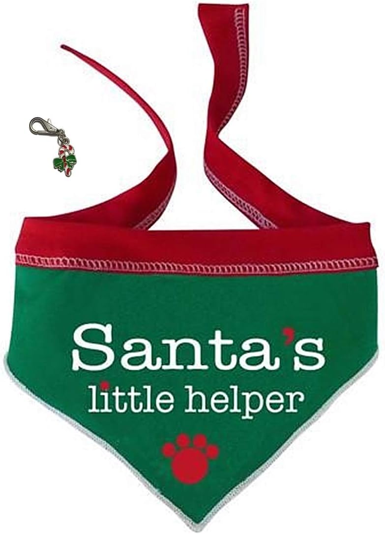 Santa's Little Helper Doggie Paw Bandana Scarf with Candy Cane Charm - Dog Sizes S or L - (Large - fits Neck 15”-20”, Red/Green)