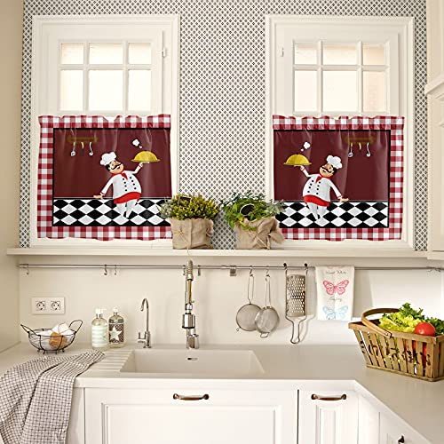3 Piece Chef Valance And Tier Set, Kitchen Chef With Gourmet Small Half Window Tier Curtain 36 Inches Length, Red White Plaid 54" X 18" Rod Pocket Valance Window Treatment Decor For Kitchen/Bedroom #TOP3
