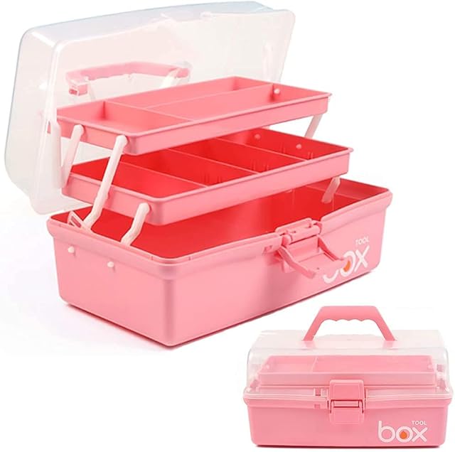 12in Three-Layer Multipurpose Storage Box Organizer Folding Tool Box / Art & Crafts Case / Sewing Supplies Organizer / Medicine Box / Family First Aid Box with 2 Trays (Pink)