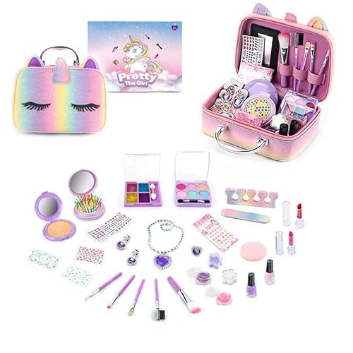 Children s Makeup Toys Unicorn Cosmetic Bag 30-Piece Set with Eyeshadow Blush Lipstick Brushes Jewelry Nail Art Stickers for Safe Pretend Play Dress Up Gift