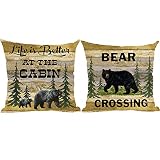 Ramirar Set of 2 Life is Better at The Cabin Bear Crossing Forest Trees Field Retro Brown Wood Decor