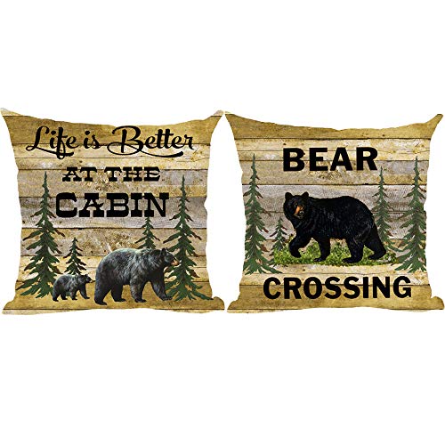 Ramirar Set Of 2 Life Is Better At The Cabin Bear Crossing Forest Trees Field Retro Brown Wood Decorative Throw Pillow Cover Case Home Living Room Bed Sofa Car Cotton Linen Square 18 X 18 Inches #TOP15