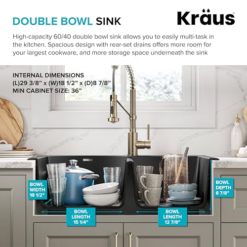 KRAUS Forteza 33-inch Drop In/Undermount 60/40 Double Bowl Granite Kitchen Sink in Black, KGD-50BLACK by Kraus - Image 3