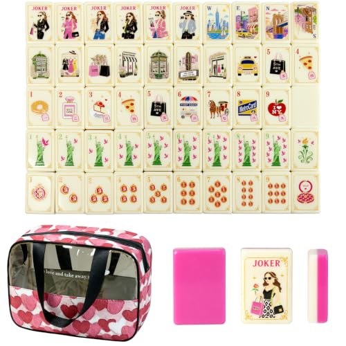 YOAEAILY NYC Fashion Themed American Mahjong Tiles Set,160 PCS 1.4″ Large Acrylic Tiles,Pink Ivory Custom Pattern Majiang Set with Bag,4 Dices for Gift Collection and Family Game Night