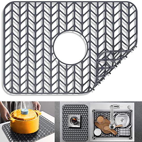 Silicone Sink Mat Protectors For Kitchen 18.2''X 12.5''.Jiubar Kitchen Sink Protector Grid For Farmhouse Stainless Steel Accessory With Center Drain.(Grey) #TOP7