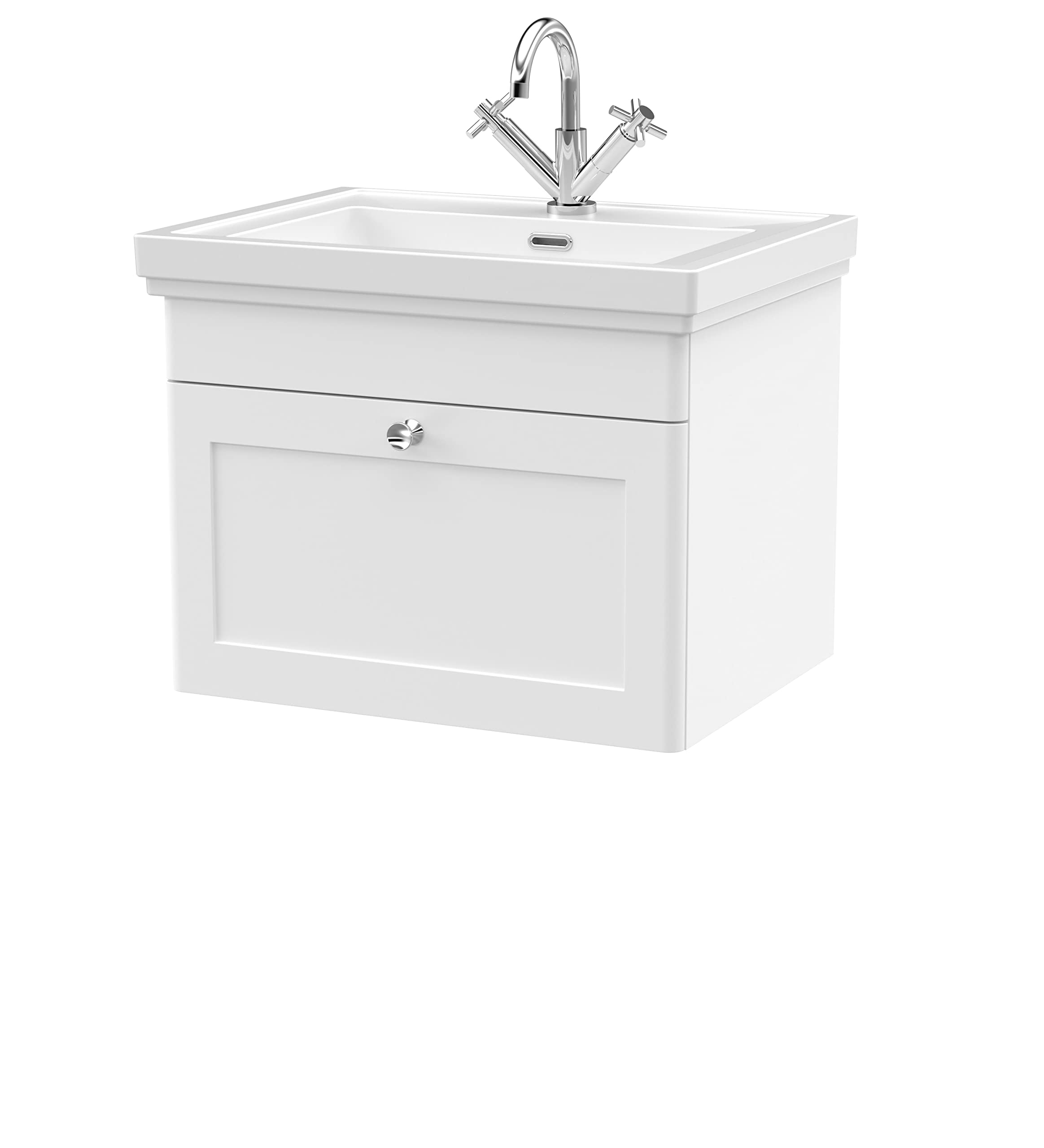 nuie CLC194A Classique Traditional Bathroom Wall Hung 1 Drawer Vanity Basin Unit with 1 Tap Hole Fireclay Basin, 600mm, Satin White