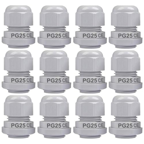 Gebildet 12Piezas Prensaestopas, PG25 Plástico Impermeable Ajustable 16mm-21mm IP68 Junta de Prensaestopas con Juntas de Goma, Protector de Alambre (Blanco)