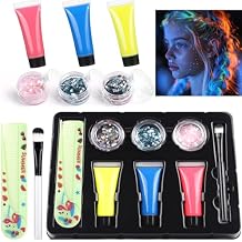 SPRINGSUGAR Body Glitter + Glow UV Hair Color Glue Kit, Hair Glitter for Kids Includes 3 Chunky Glitters, 3 Hair Color, Brush, Comb, Face Glitter for Party Singer Concerts Festival Rave Accessories