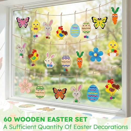 Staranry Set Creativo Pasqua Bambini – 60 Sagome In Legno Da Dipingere, Uova Di Pasqua Da Decorare Coniglio Pulcino Farfalla, Con Corda, 12 Colori Acquerello, Adesivi E Occhi Decorativi Per Bambini - 6
